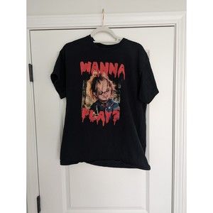 Chucky Wanna Play Horror Movie Graphic T-Shirt Black Size Large